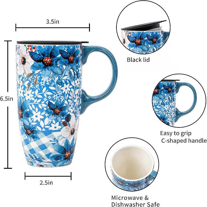 Topadorn Blue Floral Ceramic Travel Mug - Image 8