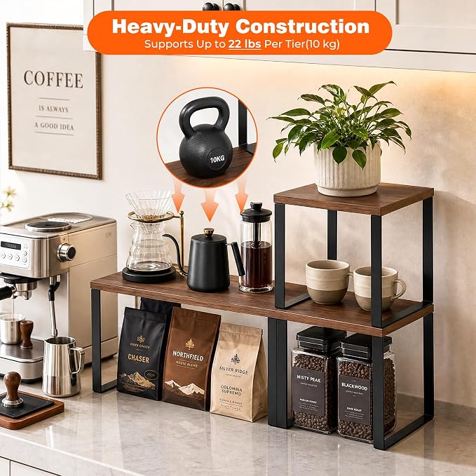 Countertop Organizer Corner Shelf, Wooden 2 Tier Stackable Kitchen Counter - Image 6