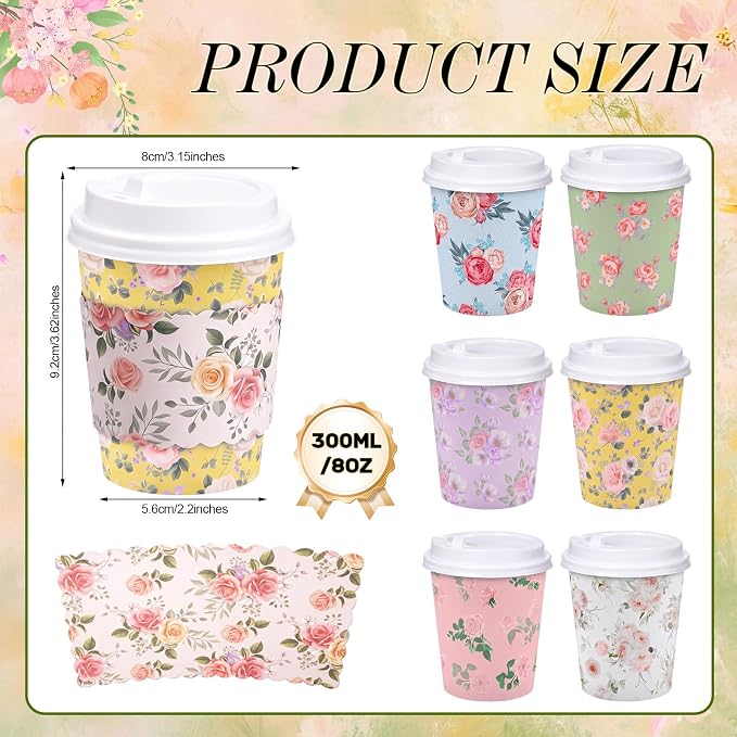 Mimorou 48 Sets Floral Coffee Cups 8oz Tea Party Cups Disposable Fancy Coffee - Image 2