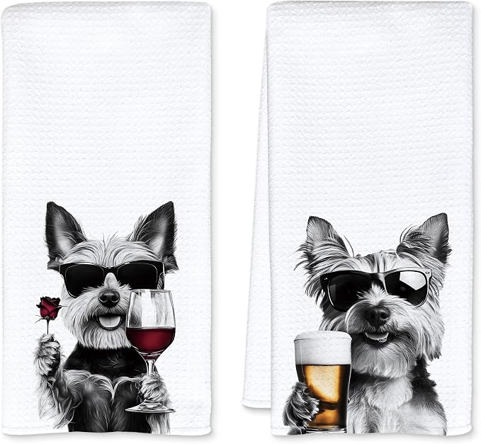 Funny Yorkshire Terrier Kitchen Towels Set of 2, Funny Kitchen Decor, Wine Bar by Unknown