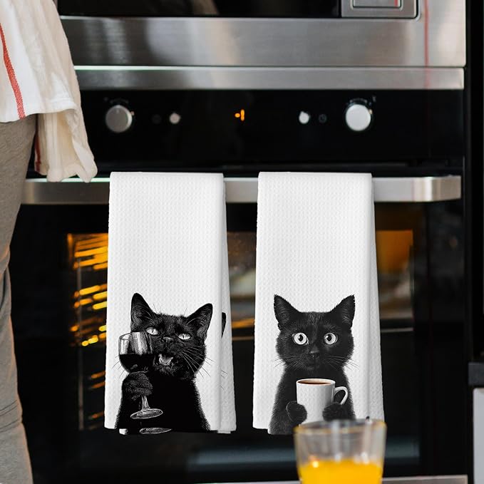Funny Cat Kitchen Towels Set of 2, Chef Gift，Funny Kitchen Decor, Coffee - Image 2