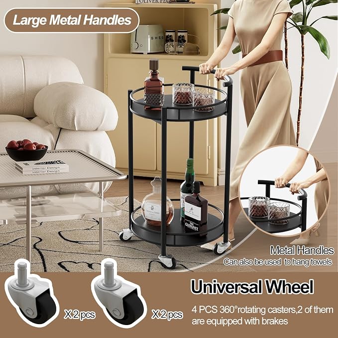 Bar Cart Black Rolling Cart for Home, 2 Tiers Bar Serving Cart Round Wine Cart - Image 7