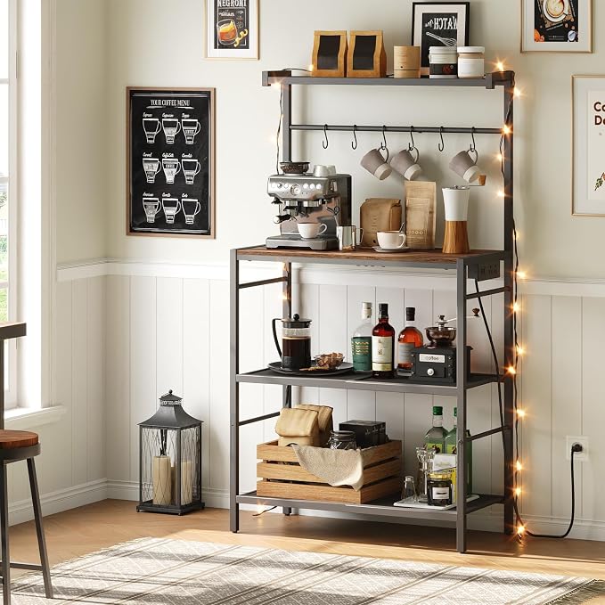MAHANCRIS Bakers Rack with Power Outlet, Kitchen Storage Shelf with 6 Hooks - Image 2