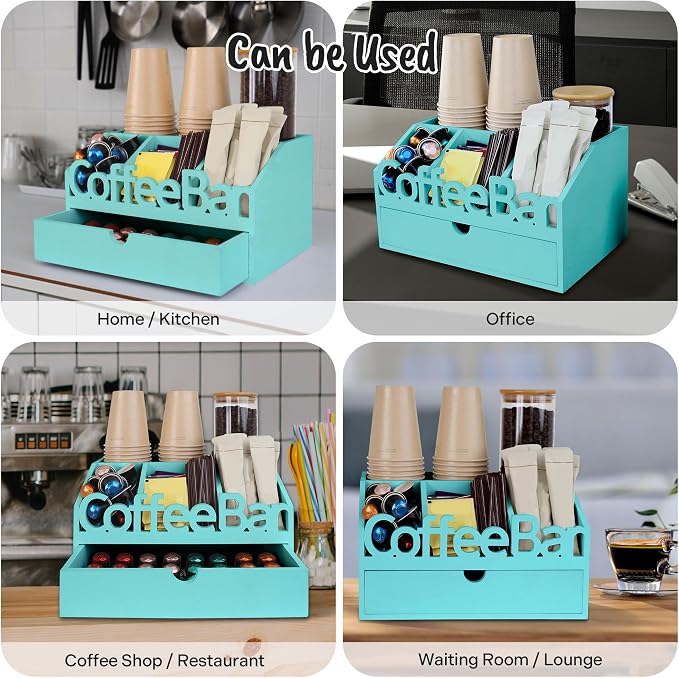 Coffee Bar Organizer Countertop, Wood Coffee Station, Turquoise | K-Cups - Image 4