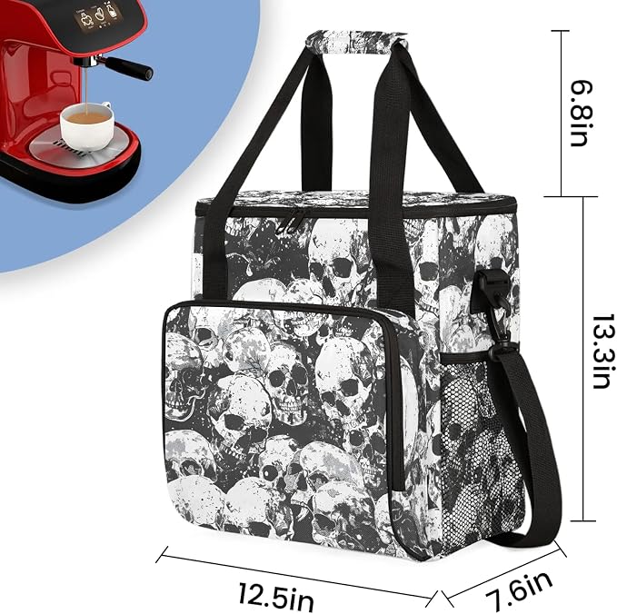 Sugar Skull Black White Skeleton Coffee Maker Carring Bag, Large Insulated - Image 2