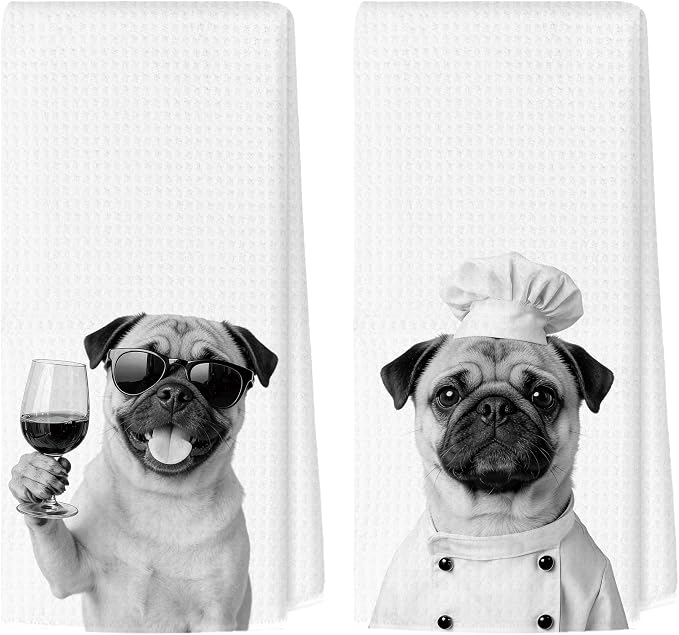 Funny Pug Kitchen Towels Set of 2, Dog Kitchen Bar Accessories, Dog Chef Gifts by Unknown