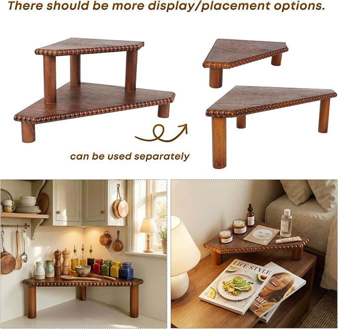 2-Tier Rustic Corner Shelf for Kitchen Counter, Wood Beaded Farmhouse - Image 6