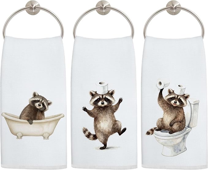 Funny Raccoon Bathroom Hand Towels, Raccoon Lover Gifts, Humor Bathing Trash by Unknown