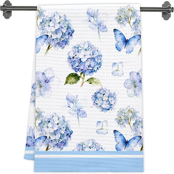 Blue Hydrangea Kitchen Towels, Summer Flowers Absorbent Hand Towel by Unknown