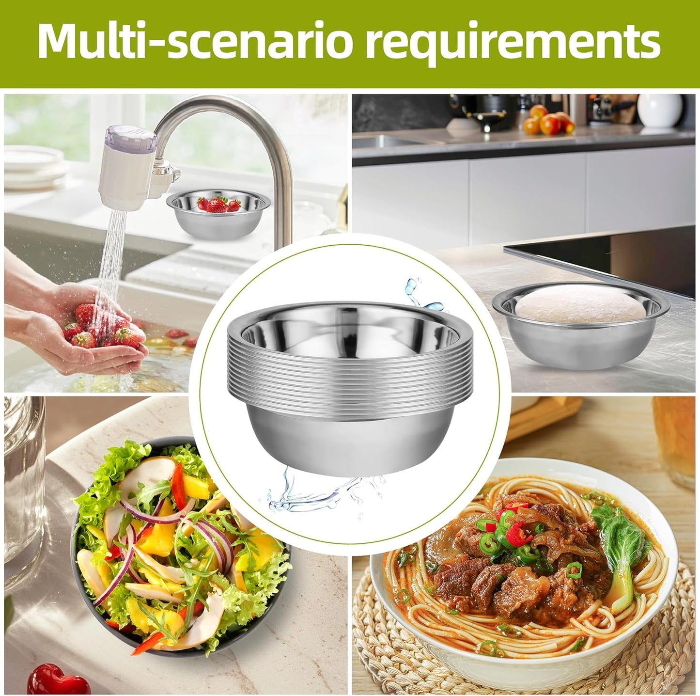 12 Pack 11.8 x 4 Inch Stainless Steel Mixing Bowls for Bulk Food Prep with Nesting Design for Hotel Restaurant and Home Kitchen Cooking in Silver