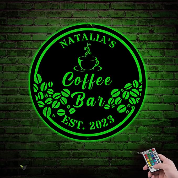 Coffee Bar Metal Wall Art LED Lights, Coffee Lover LED Custom Name Sign - Image 2