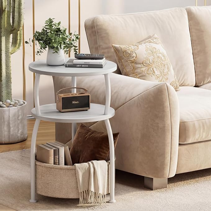 Round Side Table with Storage Basket, End Table Living Room, 15.7in | Side - Image 2