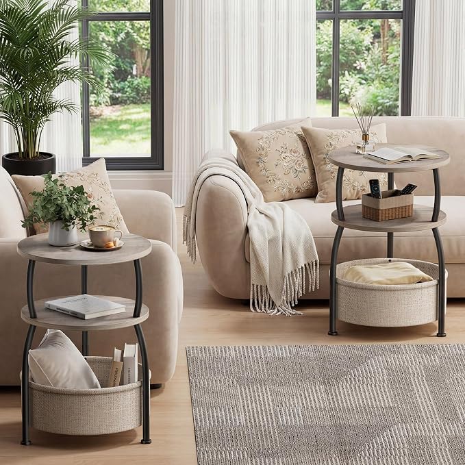 Round Side Table with Storage Basket, End Table Living Room, Greige | Round End - Image 4