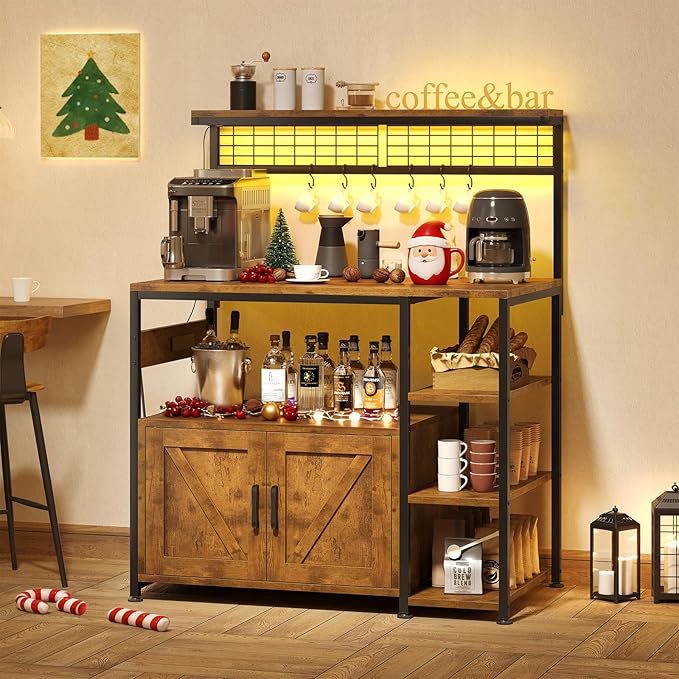 TVU Bakers Rack with Power Outlet and LED Light, Microwave Stand with Storage - Image 3