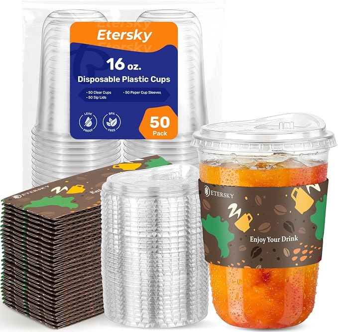50 Pack 16 oz Clear Plastic Cups by Etersky