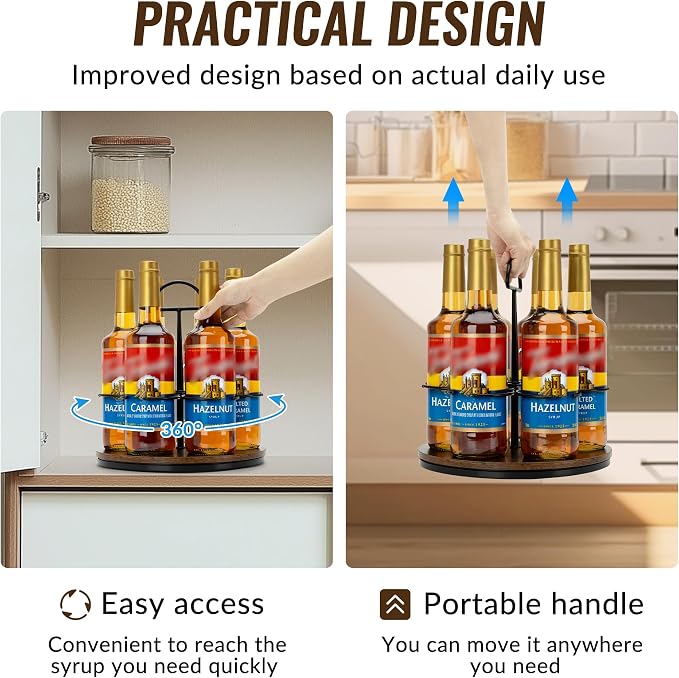 Rotating Coffee Syrup Organizer Hold 6 Bottles, Wood Coffee Syrup Rack - Image 4