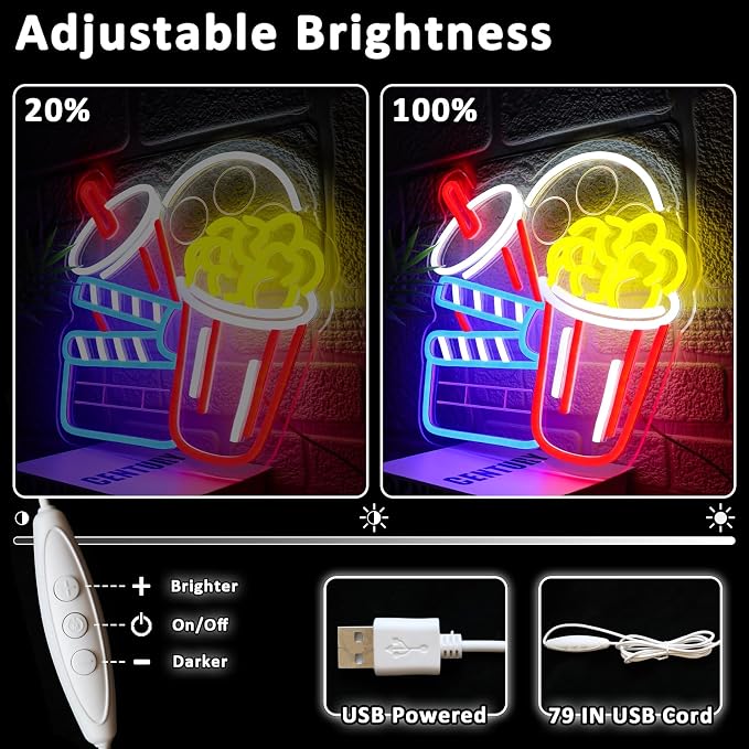 Cinema Snacks Neon Sign for Wall Decor Dimmable Popcorn Led Sign for Movie Time - Image 3