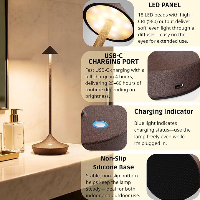 Cordless Rechargeable Table Lamp Set of 2, 3 Color Temperatures 9 Lighting Modes - Image 7