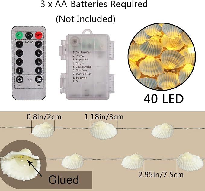 WSgift Natural Beach Seashell String Lights 13.85 Ft 40 Warm White LED - Image 6
