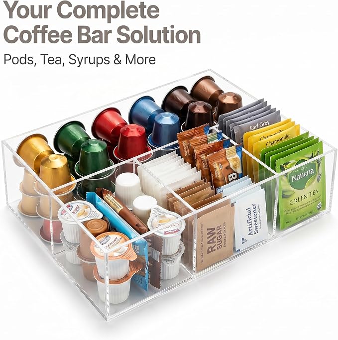 Acrylic Coffee Bar Station, Countertop Snack Tea Organizer & Condiment Tray | - Image 6