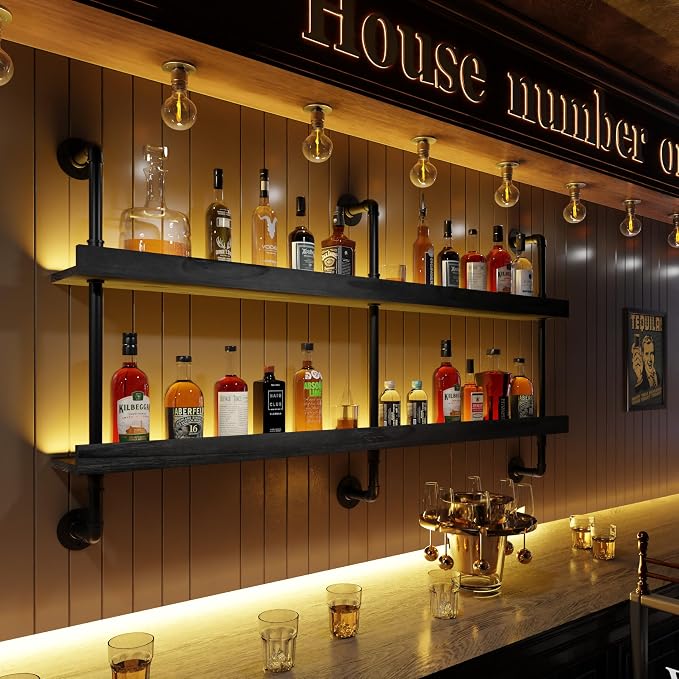 Wall Mounted Wine Rack with LED Light, LED Industrial Pipe Liquor Bar Shelves by Anynice