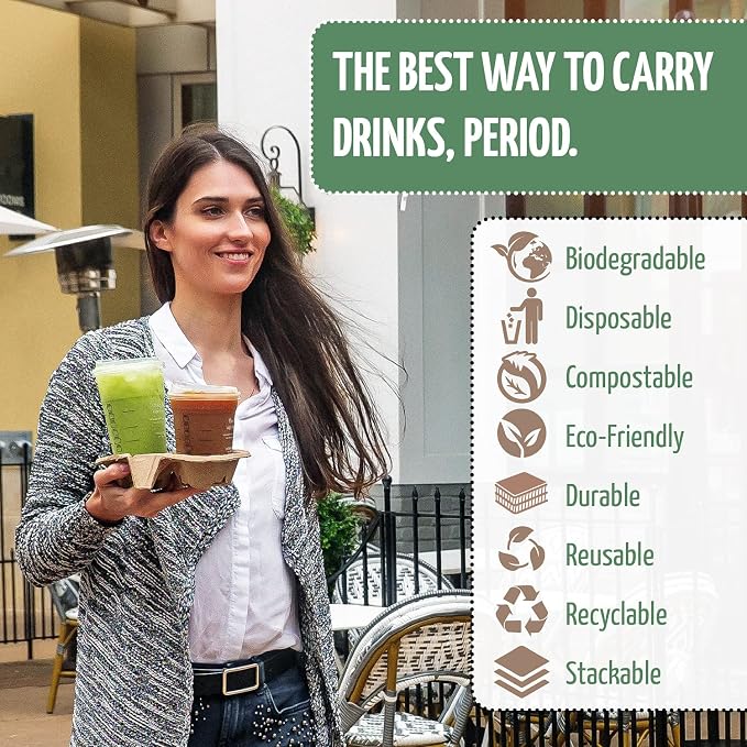 2 Cup Carrier Tray, No-Mess Disposable Cup Holder Tray, Biodegradable, - Image 3