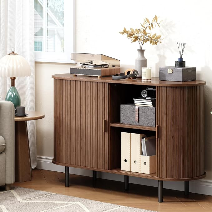 Buffet Cabinet with Storage, Fluted Sideboard Buffet with Sliding Door - Image 7