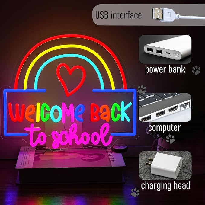 Welcome Back to School Neon Sign Rainbow Heart LED Neon Light USB Powered Back - Image 4
