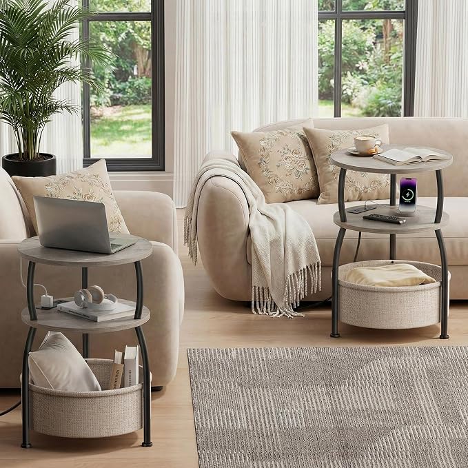 Round Side Table with Charging Station, USB Type C Port, Greige | End Table - Image 7