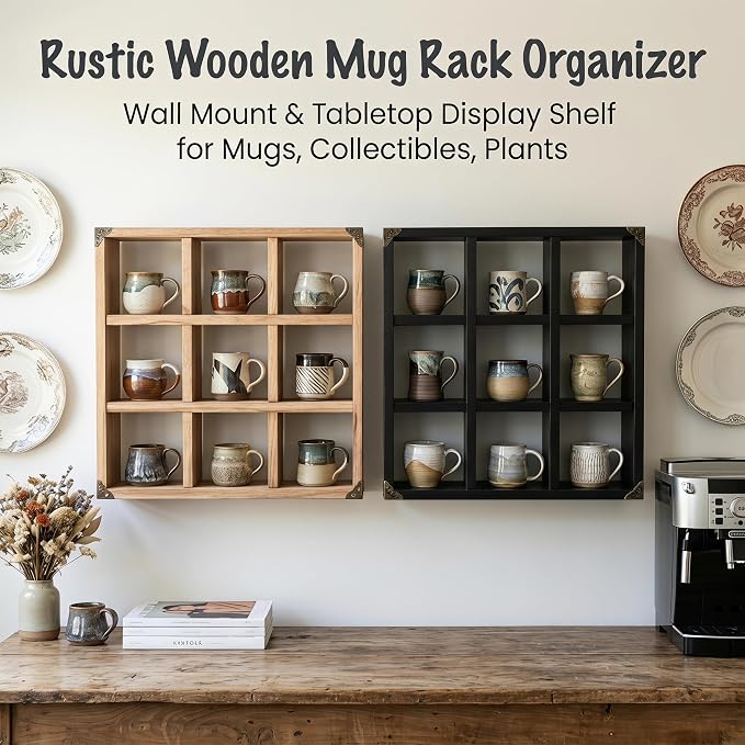 9 Slot Coffee Mug Display Rack - 17in Wall Mounted | Solid Wood - Image 3
