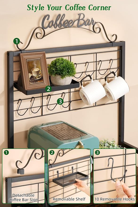Rolling Coffee Bar Cart for Small Spaces, Coffee Station Cabinet - Image 6