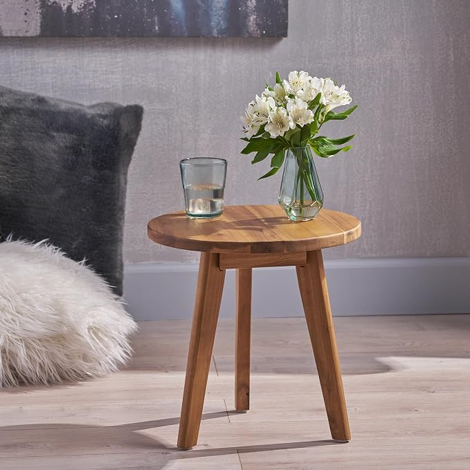Round Acacia Wood End Table in Natural Finish, Marina Mod Side Table by Noeko