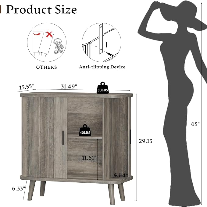 Sideboard Buffet Cabinet with Sliding Door, 31.5" Wide Fluted Modern Accent - Image 2