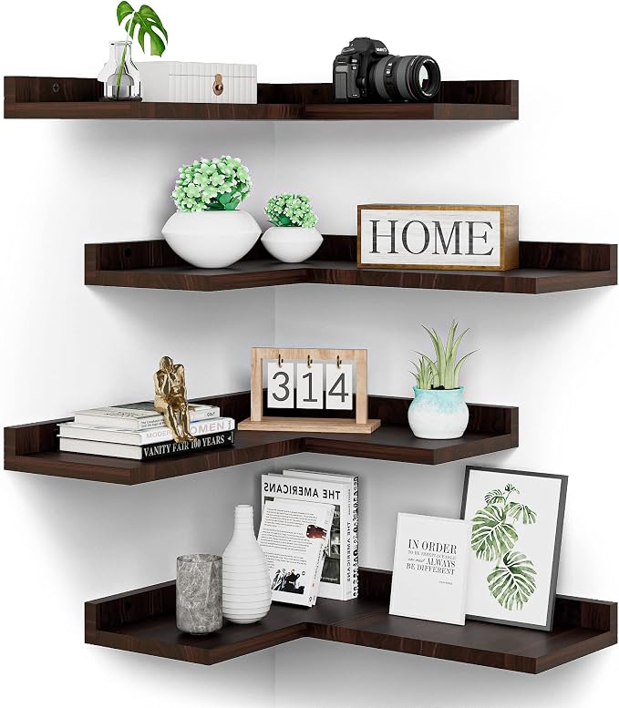4 Tier Floating Corner Shelves Set of 4, Rustic Pine Wooden Floating Corner by Eostbe