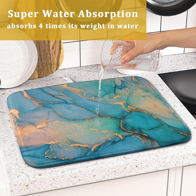 Marble Dish Drying Mat for Kitchen Counter Blue Teal Turquoise Gold Drying Mat - Image 7