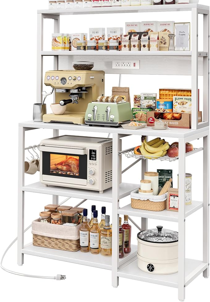 SUPERJARE Bakers Rack with Power Outlet, 35.4 Inches Coffee Bar with Wire Basket by SUPERJARE