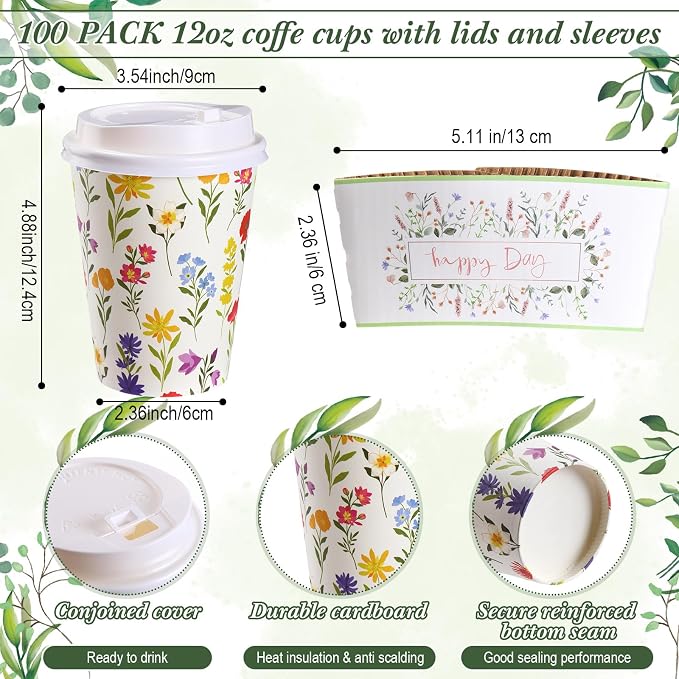 Remerry 100 Pcs 12oz Floral Disposable Coffee Cups - Image 3