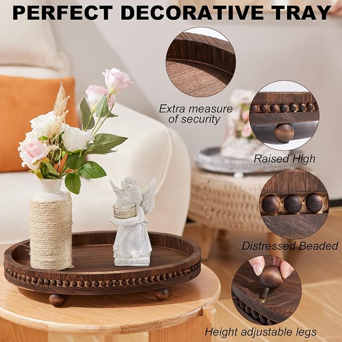 Wooden Decorative Tray-16×11.8in Wood Beaded Coffee Table Decor Tray, Rustic - Image 3