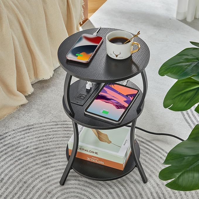 Small Round Side Table with Charging Station, 3-Tier Waist Circular End Table - Image 8