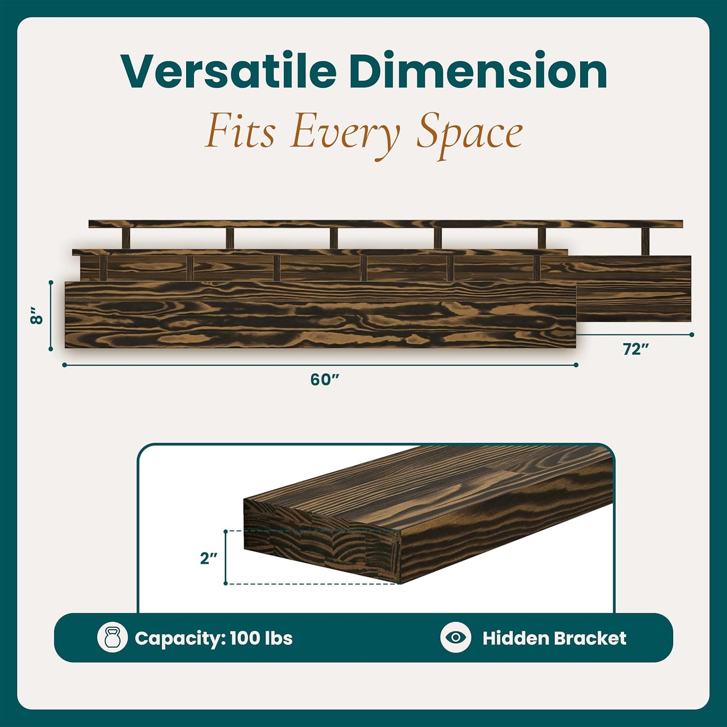 72'' Pine Wood Floating Shelf for Wall - Rustic Wall Mounted Wooden Shelf for Stylish Home Décor, Fireplace Mantel 72inch (Dark Brown, 72x8x2) - 1pcs
