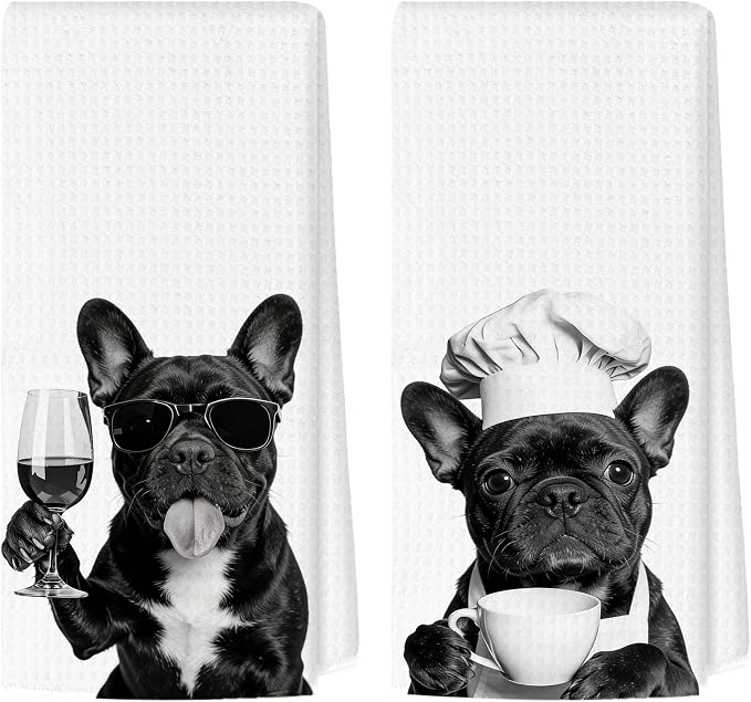 Funny French Bulldog Kitchen Towels Set of 2, Dog Kitchen Bar Accessories by Unknown