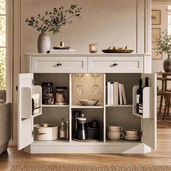 White Coffee Bar with 2 Drawers & 2 Doors, LED Wine Bar Cabinet with Wine - Image 6