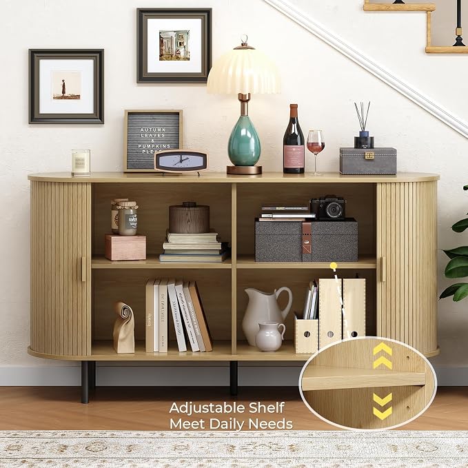 Buffet Cabinet with Storage, Fluted Sideboard Buffet with Sliding Door - Image 3