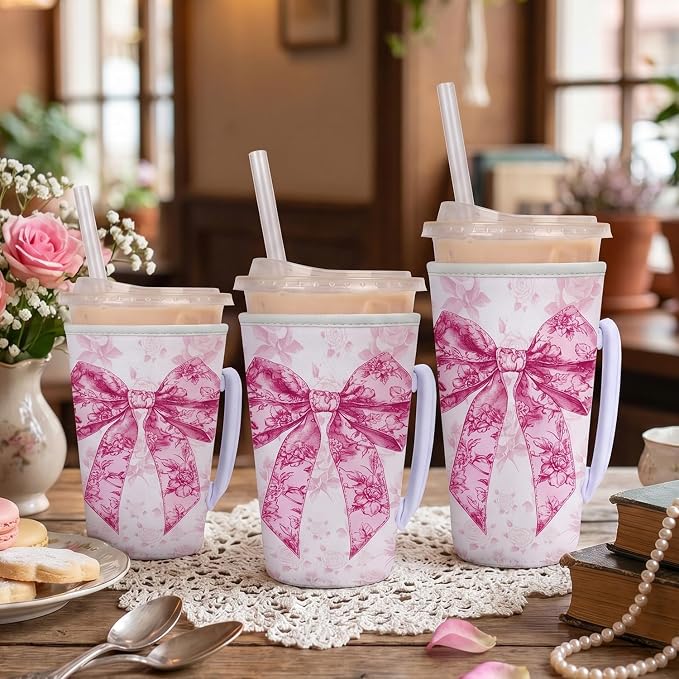 Pink Bow Reusable Insulated Iced Coffee Cup Sleeve, Bow Floral Insulated Cup - Image 5