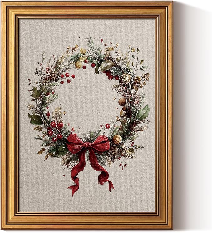 ARPEOTCY Gold Framed Canvas Wall Art, 12x16 Inch Vintage Christmas Wreath Print by ARPEOTCY