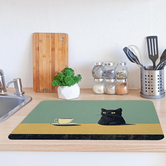 Black Cat Dish Drying Mat, Cat Lover Gifts， Vintage Black Cat Dishes Dry Mats - Image 2