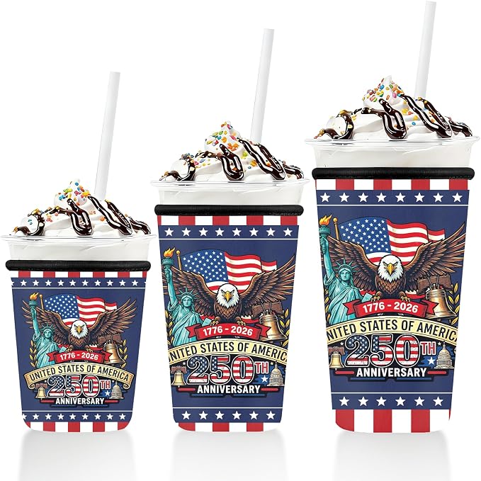 3 Pack Reusable Insulated Neoprene Iced Coffee Cup Sleeve 250th Anniversary USA by Unknown