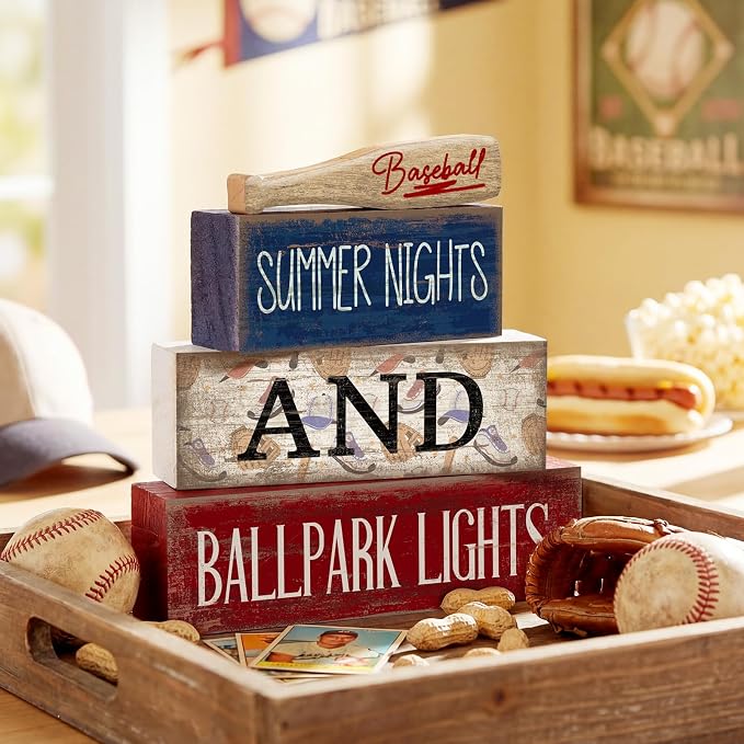 Lineshading 4 Pcs Baseball Decorations Stacked Wooden Blocks Signs - Image 3