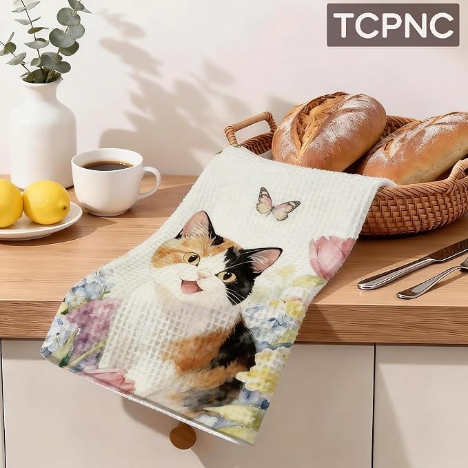 Cute Calico Cat Hand Towel, Hydrangea Cat Decorative Tea Towel - Image 2