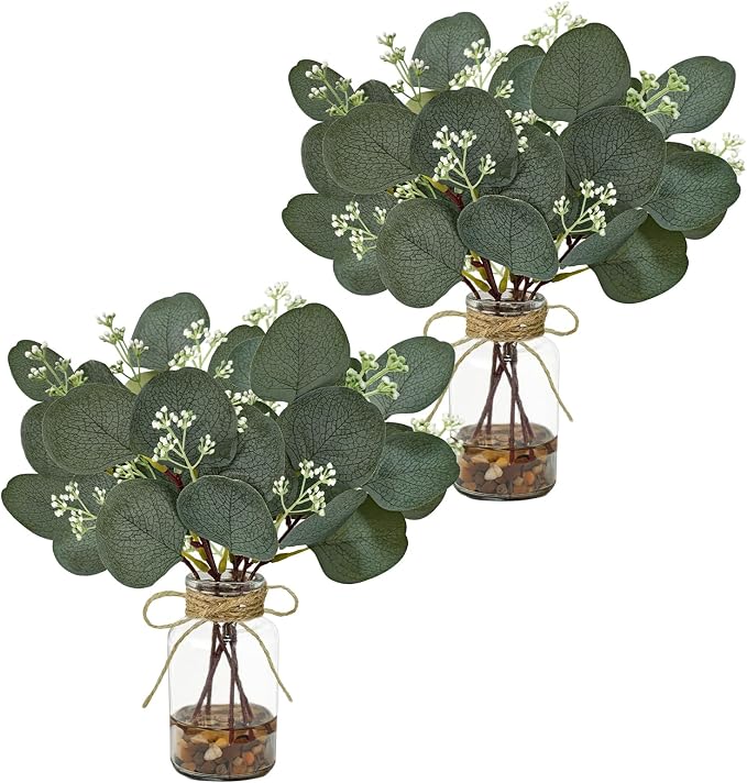 2 Pack Artificial Eucalyptus Stems in Glass Vases, Small Faux Plants by UNLEMONI